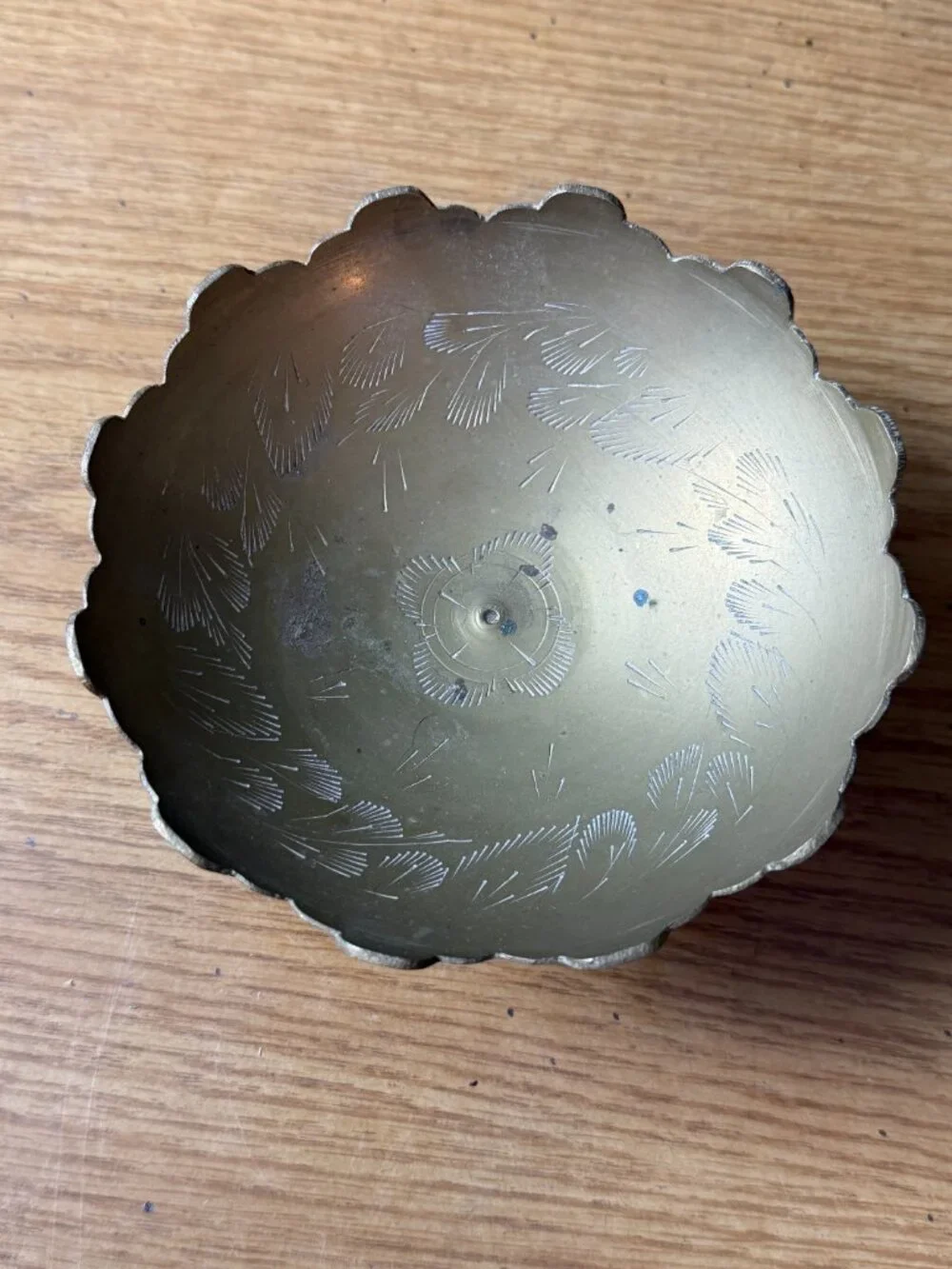 Vintage Hand Etched Brass Pedestal Bowl Scalloped Rim India 5.5” Compote